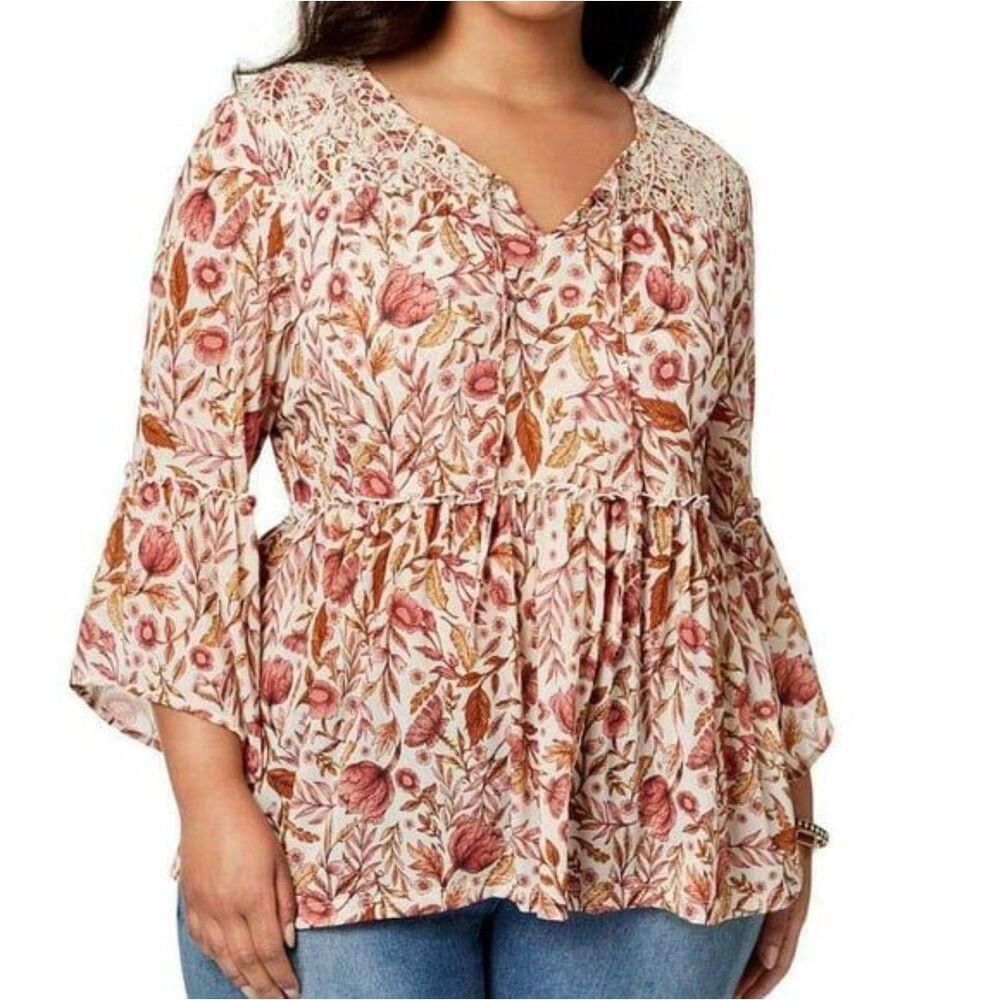 Style & Co. Brulee Foliage Metallic Lace Peasant Blouse Plus Size 1X  NWT